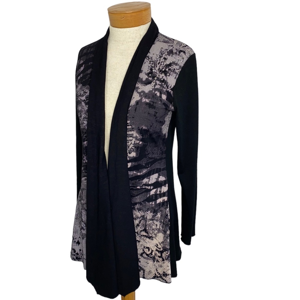 RXB Open Cardigan Black Embellished Geometric Design Knit Size Medium